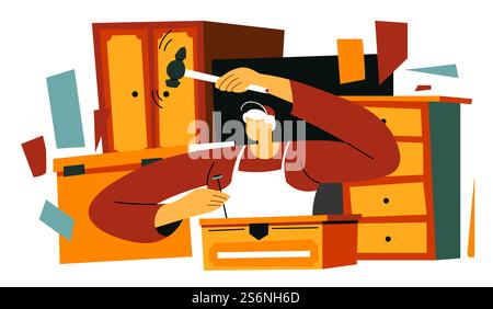 Skillful carpenter working on furniture project creating wardrobe or drawers. Man with tools using hammer and nails. Professional woodworker with instruments making custom order. Vector in flat style. Carpenter making wooden furniture by hands vector Stock Vector