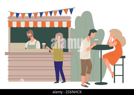 Cafe with outdoors terrasse with table for clients. Coffee shop with bartender and woman buying hot beverage. Takeaway drinks, cafeteria with decorative flags and open space, vector in flat style. Coffee shop or cafe stall with outdoor terrasse Stock Vector