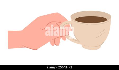 Cafe or restaurant drinking coffee from cup. Tea or cappuccino poured in mug, isolated icon of refreshing drink. Beverage in cup, americano or espresso, aromatic product, vector in flat style. Hand holding cup with tea or coffee vector Stock Vector