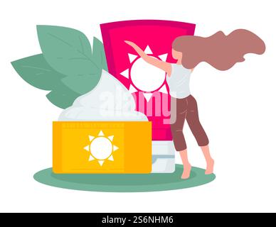 Cosmetics for skin care in summer, female character by cream and lotion for sunbathing protecting from sunburns. Sunscreen and happy personage, woman on summertime vacation vector in flat style. Sunscreen and sun lotions cosmetics for skin care Stock Vector