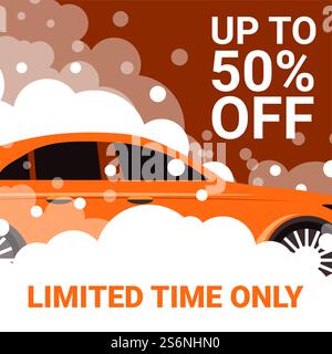 Vehicle service and maintenance, car wash up to 50 percent off price, reduction on cost only limited time. Automobile in bubbly water, detergents and cleaning liquids usage. Vector in flat style. Car wash service and maintenance 50 percent off Stock Vector