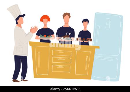 Culinary show or workshop with chef checking dishes and recipes. Prepared food and meals in kitchen, school with students learning to cook. Gastronomy hobbies or classes, vector in flat style. Workshop or culinary show with chef and students Stock Vector