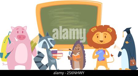 School animals. Back to school cartoon characters. Cute students lion, raccoon, hedgehog with books and bags standing near chalkboard vector illustration. School animal with books, pupil students. School animals. Back to school cartoon characters. Cute students lion, raccoon, hedgehog with books and bags standing near chalkboard vector illustration Stock Vector