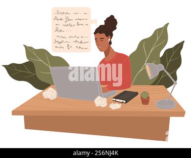 Female character sitting by computer with papers and lamp. Copywriter or freelancer doing proofreading of text. Editing lady brainstorming and creating content for web sites. Vector in flat style. Copywriter woman writing article or proofreading Stock Vector
