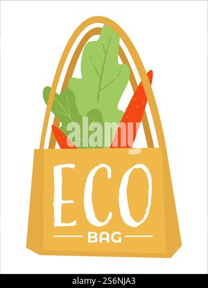 Ecologically friendly bag for products and shopping, isolated icon of canvas tote filled with carrots and leaves. Handbag accessory with handles, environment care zero waste, vector in flat style. Eco bag made of fabric cloth, ecologically friendly packet Stock Vector