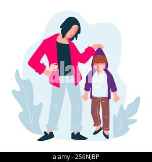 Teacher punishing child at school for disobedience. Mother upset of kids behavior, mom and son having disputes and disagreements. Lady with infant, aggressive mum, decorative foliage vector in flat. Mom punishing misbehaving son, woman and disobedient kid Stock Vector