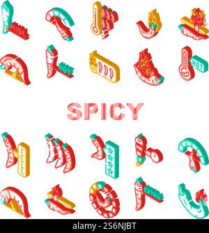 Spicy Pepper Different Scale Icons Set Vector. Burning Cayenne Spice Pepper Flavoring For Measuring Cooked Dish Line. Extra, Hot And Middle Spiced Meal Vegetable Isometric Sign Color Illustrations. Spicy Pepper Different Scale Icons Set Vector Stock Vector