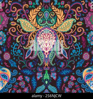 Psychedelic floral design, fractals and geometry, flowers and blossom seamless pattern. Lotus blooming in centerpiece and foliage, leafage and decoration effect. Vector in flat style illustration. Abstract flower lotus with psychedelic design Stock Vector