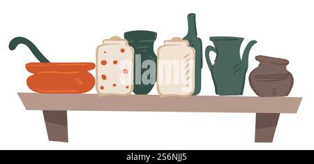 Kitchen interior design, isolated wooden shelf with cookware. Decorative cups and mugs, jugs and containers for spices. Plates and bowls, utensils for serving. Restaurant or cafe vector in flat. Shelf with cookware, cups mugs and pots vector Stock Vector