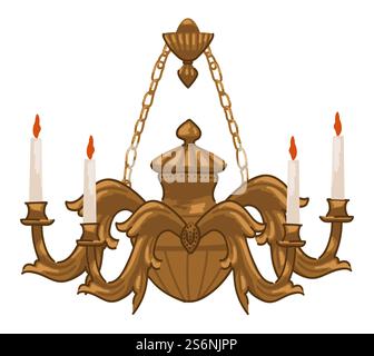 Chandelier with burning candles and ornaments, isolated vintage lamp hanging on chains. Candlelight on candelabra, light and illumination of space with retro antique means. Vector in flat style. Vintage chandelier with candles and ornaments Stock Vector