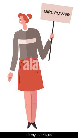 Woman showing placard, isolated protesting female character with banner. Feminism and support of gender equality of women, motivational phrase for fight for rights, feminist vector in flat style. Feminist protesting with banner, girl power movement vector Stock Vector