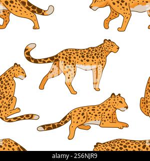 Wild animal in motion or calm state, leopard sitting or laying, walking or hunting. Seamless pattern of leo or cheetah, background or print with wildlife and safari fauna. Vector in flat style. Leopard print, predator in motion wild animal Stock Vector
