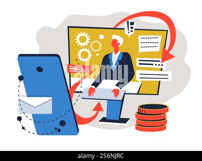 Gadgets and laptops used in business, businessman leading company to success. Finance and analytics, application for directors. Electronic devices for working and commerce. Vector in flat style. Business interaction using gadgets and innovative technologies vector Stock Vector