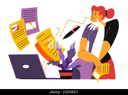 Woman working on project, copywriter manager thinking on article topic. Journalist with notes and pencil at freelance. Learning or training and completing tasks at work. Vector in flat style. Copywriter working on project using laptop vector Stock Vector