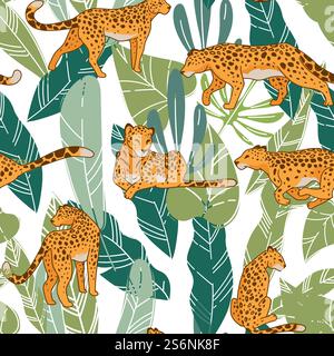 Cheetah or leopard feline animal print or background. Mammal with furry spotted skin hiding and resting in tropical bushes and leaves. Wildlife and nature. Seamless pattern, vector in flat style. Jaguar or panther, cheetah or leopard pattern Stock Vector