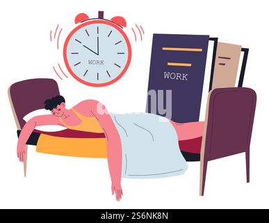 Character addicted to sleep and procrastination. Isolated personage laying on bed, lazy person dont want go to work. Depressed or stressed person spending free time at home. Vector in flat style. Procrastination and exhaustion, sleep addiction Stock Vector