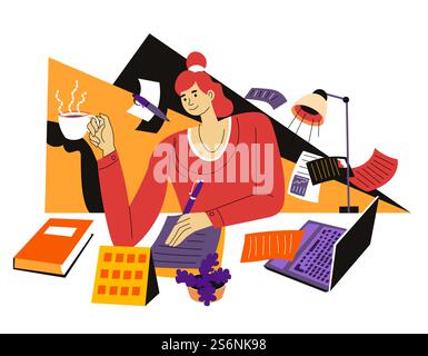 Female character working as copywriter from home. Woman with cup of coffee sitting by table with pen and notebook. Laptop at workplace. Lady thinking on article and text. Vector in flat style. Copywriter working on article from home distance Stock Vector