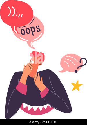 Chatting or speaking personage expressing emotions, isolated male character afraid. Man made a mistake or error, uncertainty or problems. Astonished or worried teenager. Vector in flat style. Oops expression of emotion, personage chatting Stock Vector