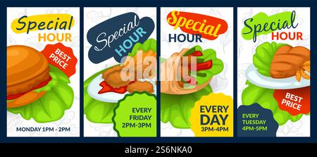 Set of flat banners, best price special hour, vector illustration. American snacks on a plate. Affordable restaurant food concept. Presentation of the sale of traditional fast food.. Flat banners set, spesial hour best price Stock Vector