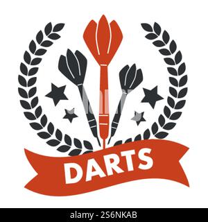 Playing darts game, isolated label or emblem with wreath of leaves, stars and arrows with sticks. Banner with ribbon and text. Logotype for club. Entertainment and tournament. Vector in flat style. Darts game, banner with stars and ribbon text Stock Vector