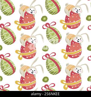 Religious holiday for christians, easter bunny with long ears sitting on decorated egg with ribbons and bows. Hare character symbol of springtime event. Seamless pattern, vector in flat style. Easter bunny sitting on decorated egg pattern Stock Vector