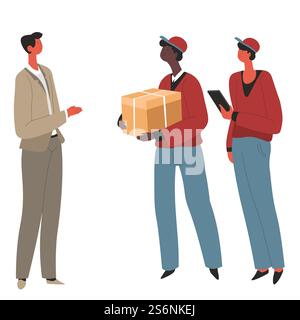 Logistics service, delivery man with list and parcel. Humanitarian help for people, workers in uniform with goods in parcel. Personages helping poor, guys carrying boxes, vector in flat style. Humanitarian help or delivery service, workers of logistic company Stock Vector