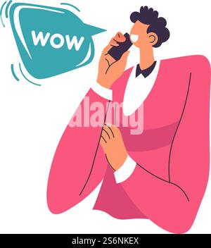 Man expressing surprise talking on phone, isolated male character smiling and exclamation wow. Sticker or banner with text, chat box or bubble. Emotions expression over mobile. Vector in flat style. Personage talking on phone expressing surprise Stock Vector