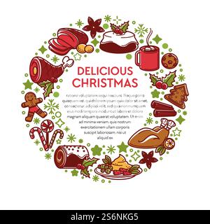 Christmas dishes and food, traditional meal for xmas. Banner with plates in circle, tea or coffee, pie with frosting, gingerbread cookies, ham and meat. Chicken and mistletoe menu, vector in flat. Delicious Christmas traditional dishes and ingredients on holiday Stock Vector