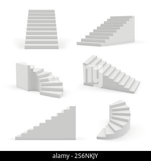 Stairs modern. 3d white architectural objects for interior space up and down steps vector templates. Interior staircase, architecture stairway construction illustration. Stairs modern. 3d white architectural objects for interior space up and down steps vector templates Stock Vector