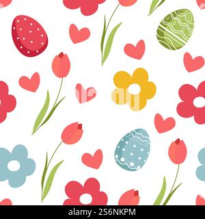 Decorated painted eggs with ornaments and lines, flourishing tulips and cute hearts. Christian religious holiday in spring. Easter preparation and celebration. Seamless pattern, vector in flat style. Easter pattern with tulips bouquet and eggs vector Stock Vector