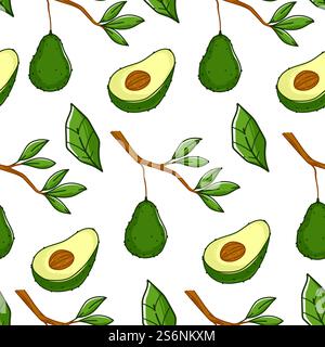Avocado plant with ripe flesh, product growing on tree. Natural and organic ingredient used in cooking. Agriculture and growth of tree with green fruit. Seamless pattern, vector in flat style. Ripe avocado plant, growing on branch pattern Stock Vector