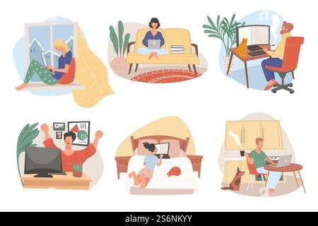 Male and female characters working from home with pets using laptops and books. Student studying online with computer. Woman at bed or sofa, man drinking coffee in kitchen. Vector in flat style. People working on laptops from home with pets Stock Vector