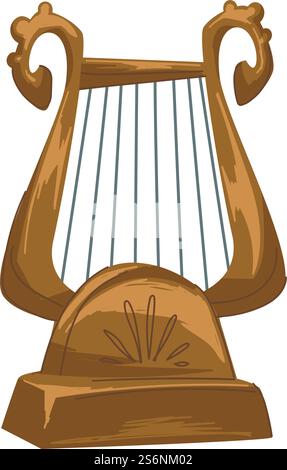 Golden lyra, string music instrument of old Rome or Greece. Isolated harp with ornament for melodies and symphonies. Playing sounds and entertaining in ancient times. Vector in flat style illustration. Antique lyra string music instrument of old Rome Stock Vector