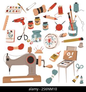Crafts and hobbies, sewing and tailoring, drawing and knitting. Instruments and equipment for working and master classes. Machine and thread, paints and brushes, pencil and pin. Vector in flat style. Hobbies and crafts, handmade and do it yourself Stock Vector