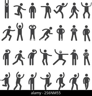 Stick characters. Posture icon action figures symbols human body silhouettes vector simple collection. Figure pose silhouette stick various, grateful action illustration. Stick characters. Posture icon action figures symbols human body silhouettes vector simple collection Stock Vector