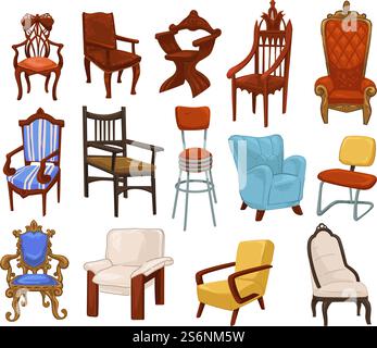 Vintage and retro furniture, isolated armchairs and chairs, seats and stools for sitting. Wooden and soft fabric design, comfortable cozy sofa. Classic decoration for home. Vector in flat style. Furniture of different ages and cultures vector Stock Vector