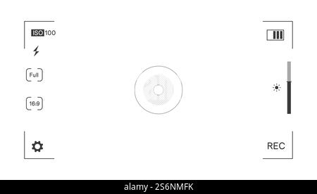 Photography camera settings and display with information of photo. Focus or shutter, interface with details for professionals. Buttons and data helping to shoot. Modern technologies. Vector in flat. Camera focus with settings and info on screen Stock Vector