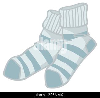 Stripped warm winter socks, knitted accessories and clothes for cold seasons. Isolated icon of fashionable clothing for legs. Textile and cotton material of comfortable pair. Vector in flat style. Warm knitted socks with stripes, winter clothes Stock Vector