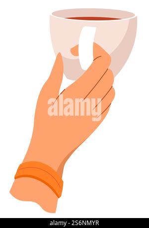 Hand holding cup of coffee or tea, warm healthy and aromatic beverage for breakfast or lunch. Enjoying drink in cafe or restaurant, diner or home, female character with mug. Vector in flat style. Drinking warm tea, beverage poured in cup in hands Stock Vector