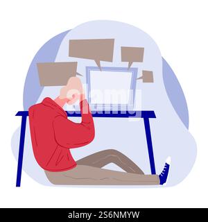 Sad male character sitting by computer with chatting boxes, loneliness and online communication. Depressed personage at workplace or home, upset worker or troubled freelancer, vector in flat style. Depressed man sitting by table with computer, sad male character Stock Vector