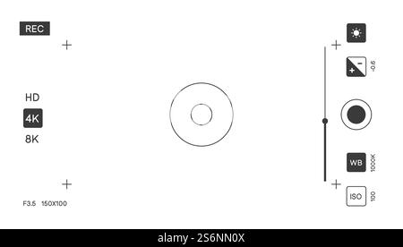 Screen of camera with focus and settings for making videos and filming, taking photographs. Shutter and focusing, casting and recording filmmaking gadgets for photo hobby. Vector in flat style. Camera screen with settings and focus recording Stock Vector