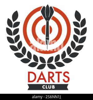 Playing darts and winning, club banner with target and aim, laurel leaf wreath and arrow. Targeting sportive events and hobby, entertainment and relaxation. Accuracy and success. Vector in flat style. Darts club banner with bullseye and laurel leaf Stock Vector