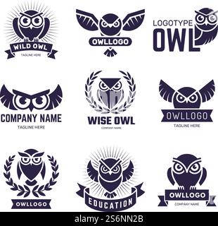 Owl badges. Flying birds with feathers wild animals emblems or logos vector collection. Illustration owl bird label, silhouette animal flying logo. Owl badges. Flying birds with feathers wild animals emblems or logos vector collection Stock Vector