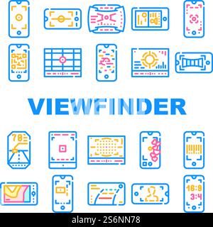 Viewfinder Smartphone Function Icons Set Vector. Photo Camera Viewfinder For Making Document And Horizon Photography, Qr And Bar Code Scanning, Thermal Imager Device Line. Color Illustrations. Viewfinder Smartphone Function Icons Set Vector Stock Vector