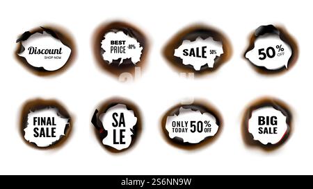 Burned hole. Realistic sale and discount banners with charred edges vector illustration. Discount advertising, sale and good deal promo. Burned hole. Realistic sale and discount banners with charred edges vector illustration Stock Vector