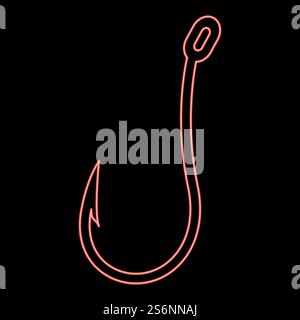 Neon fish hook red color vector illustration flat style light image. Neon fish hook red color vector illustration flat style image Stock Vector