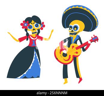 People wearing costumes, dressed as skeletons giving performance. Man and woman with guitar playing and dancing. Day of the dead celebration of traditional mexican holiday, vector in flat style. Mexican performers musicians playing guitar and singing on holiday Stock Vector