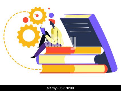 Male student reading books, self education and knowledge obtaining. School or university tasks completion, process of gaining skills and development. Concentrated personage with textbook, vector. Self education and development of skills, student reading books Stock Vector
