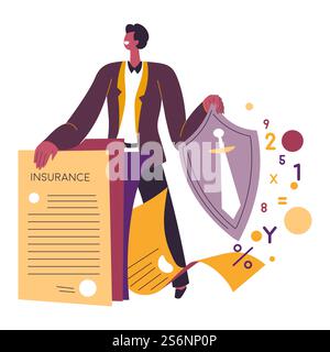 Safety for business and finances, insurance agent introducing contract document. Agent with shield and sword, broker saving money. Assurance of real estate legal ownership, vector in flat style. Insurance agent showing contract document and benefits of deal Stock Vector