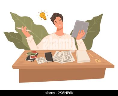 Freelancer working on article idea, journalist with notes thinking on text. Copywriter dealing with content. Man using storytelling for texts. Student doing homework task. Vector in flat style. Copywriter male character looking for article idea Stock Vector